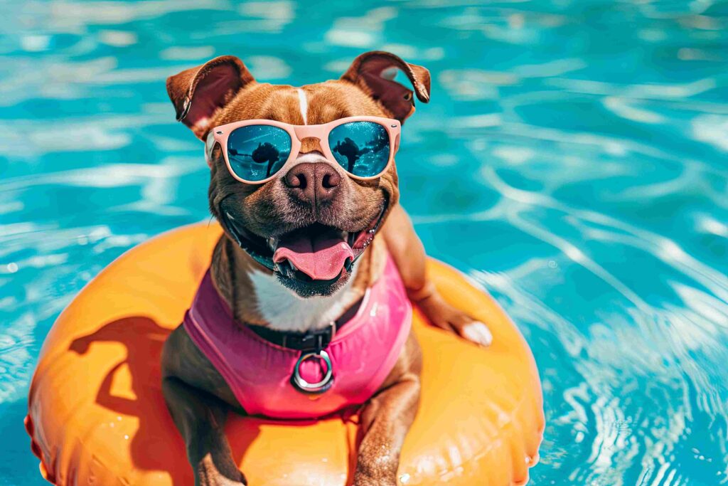 Happy dog with sunglasses and floating ring